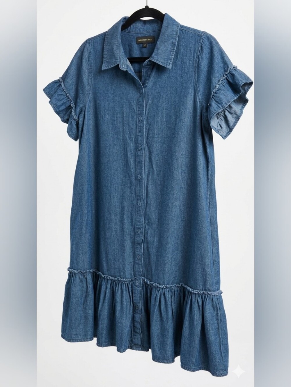 Button-Front Denim Midi Dress with Ruffle Hem in Blue